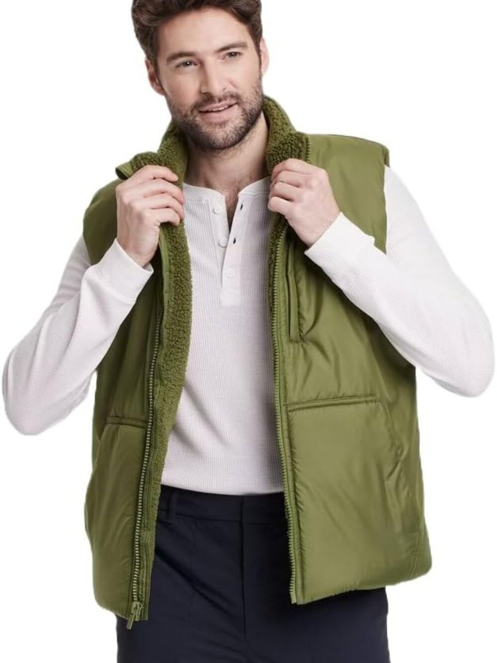 All in Motion, Men Sleeveless Solid Green Puffer Vest, Zipper Front, XXL